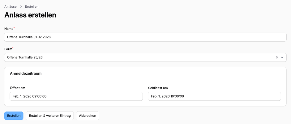 Screenshot: Anlass erstellen